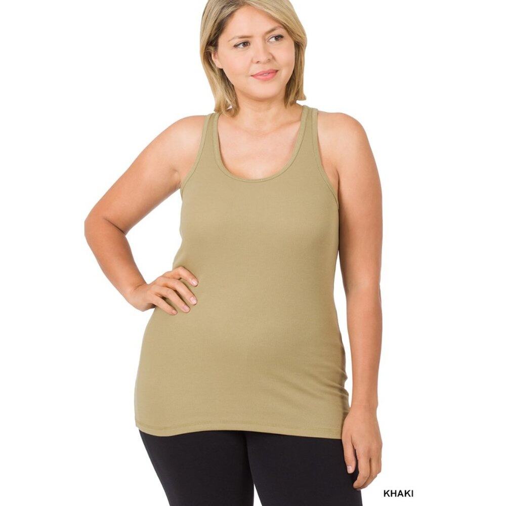 2X Khaki Ribbed Seamless Racerback Tank Top Zenana oversized Plus Size comfort - Picture 2 of 8